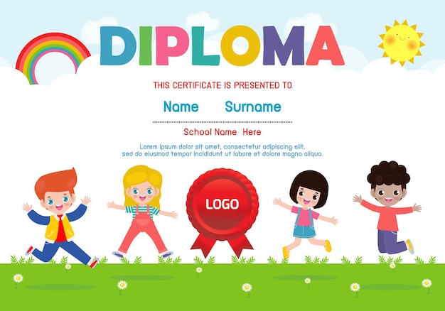 Modelo de diploma para crianças Certificados de jardim de infância e ensino fundamental