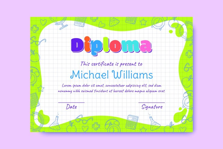 Vetor modelo de diploma para fundo de certificado infantil com elementos escolares desenhados à mão para jardim de infância, pré-escola ou creche ilustração vetorial