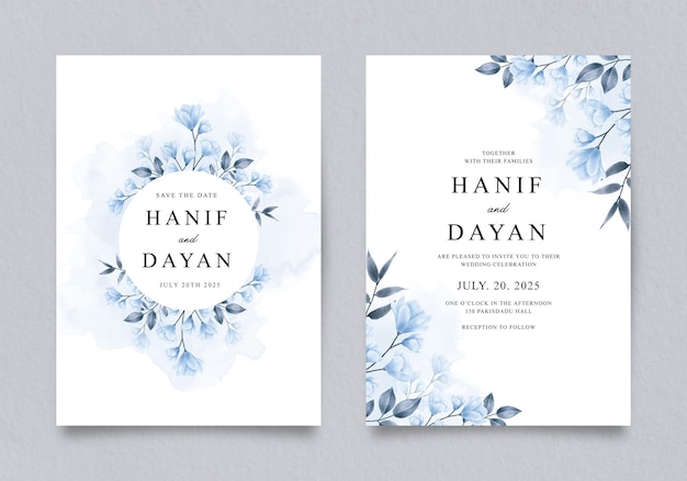 Vetor modelo de dupla face de convite de casamento com floral aquarela azul