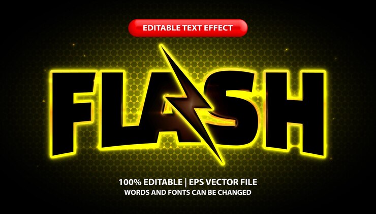 Vetor modelo de efeito de texto editável de texto em flash efeito de luz neon amarelo estilo de texto brilhante futurista