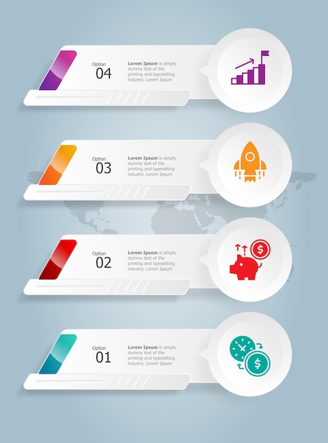 Modelo de elemento de apresentação de infográficos verticais de barra de guia abstrata com ícone de negócios 4 opções de fundo de ilustração vetorial