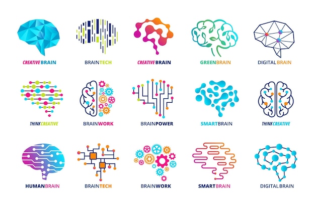 Modelo de emblema cerebral assistente inteligente ai e motor neural de cérebro humano e conjunto de ícones vetoriais de mente criativa