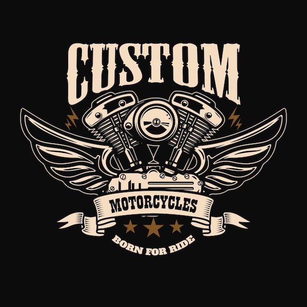 Modelo de emblema com motor de motocicleta alado.