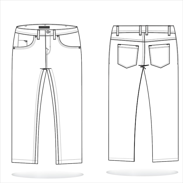 Vetor modelo de esboço plano de moda jeans longa calça masculina e ilustração técnica de moda