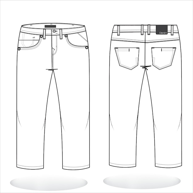 Vetor modelo de esboço plano de moda jeans longa calça masculina e ilustração técnica de moda