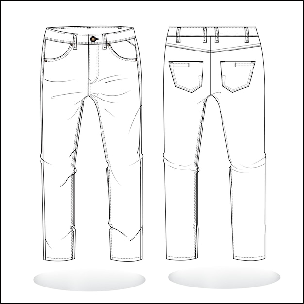 Vetor modelo de esboço plano de moda jeans longa calça masculina e ilustração técnica de moda