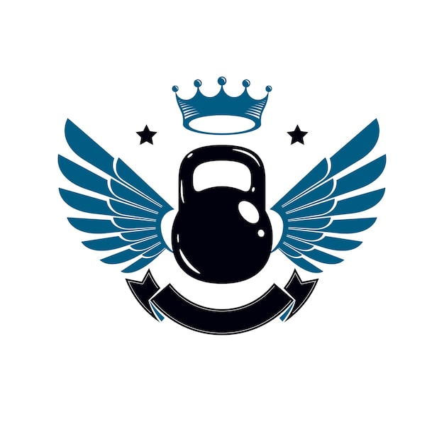 Modelo de esporte de logotipo de ginásio de musculação, emblema de vetor de estilo retrô com asas. com kettlebell.