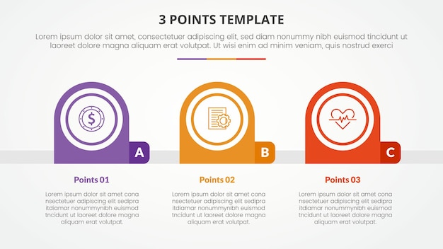 Vetor modelo de estágio de 3 pontos conceito infográfico para apresentação de slides com círculo redondo criativo horizontal com lista de 3 pontos com estilo plano