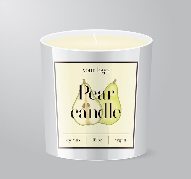 Modelo de etiqueta Pear Candle Embalagem de copo de vidro isolada