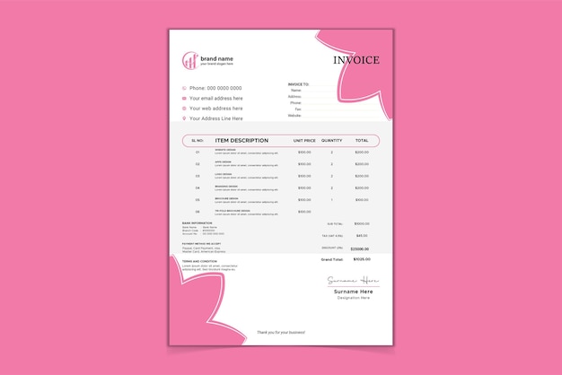 modelo de fatura de cor rosa design vetorial para o seu negócio