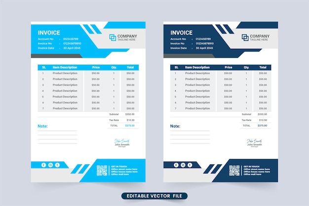 Modelo de fatura de negócios profissional com diferentes cores azuis recibo de dinheiro de negócios corporativos modernos e design de voucher acordo de pagamento e vetor de modelo de fatura com formas abstratas