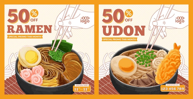 Vetor modelo de feed do instagram de promoção de comida japonesa em estilo design plano