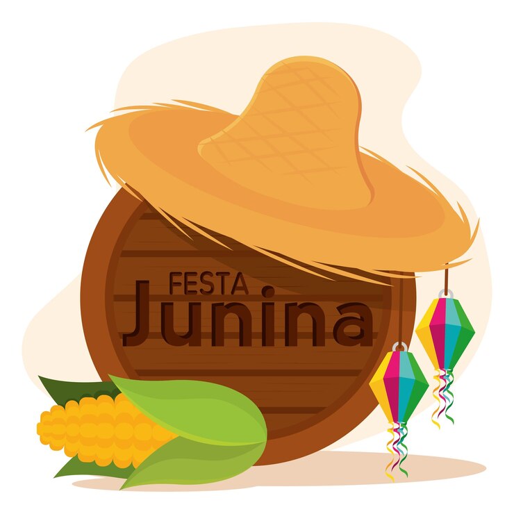 Vetor modelo de festa junina com chapéu de barril de madeira e uma ilustração vetorial de milho