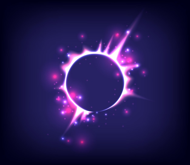 Vetor modelo de fogos de artifício círculo brilhante raio de luz do sol e anel de faíscas túnel colorido borda brilhante portal mágico de chama azul elétron luminoso e brilho girando eclipse solar luz neon rosa