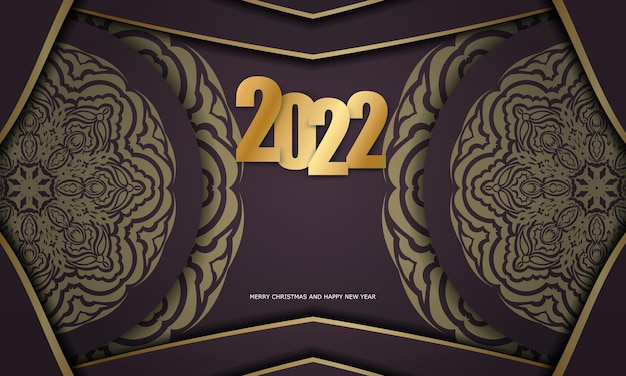 Modelo de folheto 2022 feliz natal cor vinho com padrão vintage ouro