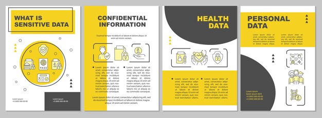 Modelo de folheto amarelo de tipos de dados sensíveis. identidade segura. design de impressão de livreto com ícones lineares. layouts vetoriais para apresentação, relatórios anuais, anúncios. fontes arial, myriad pro-regular usadas