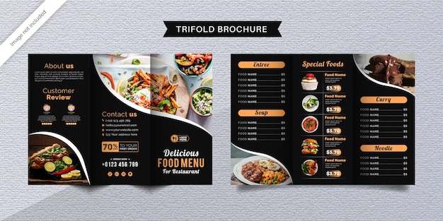 Modelo de folheto de alimentos com três dobras. Brochura de menu de fast food para restaurante com cor preta.
