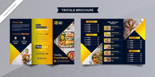 Modelo de folheto de alimentos com três dobras. brochura do menu de fast food para restaurante em azul escuro e amarelo.