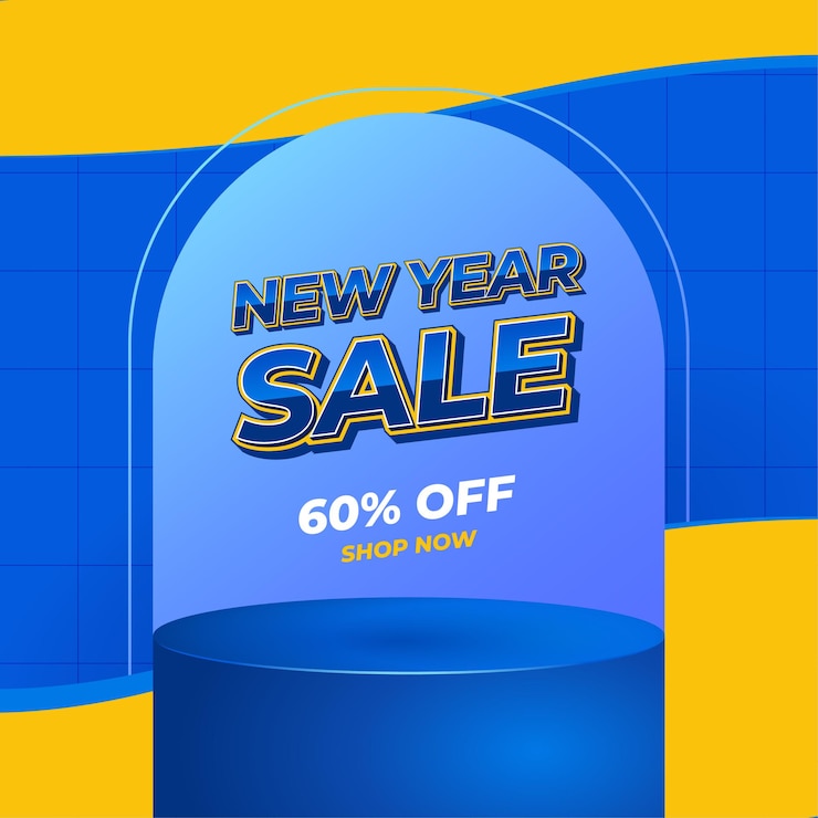 Modelo de folheto de banner de venda de ano novo quadrado Azul amarelo cor estilo moderno