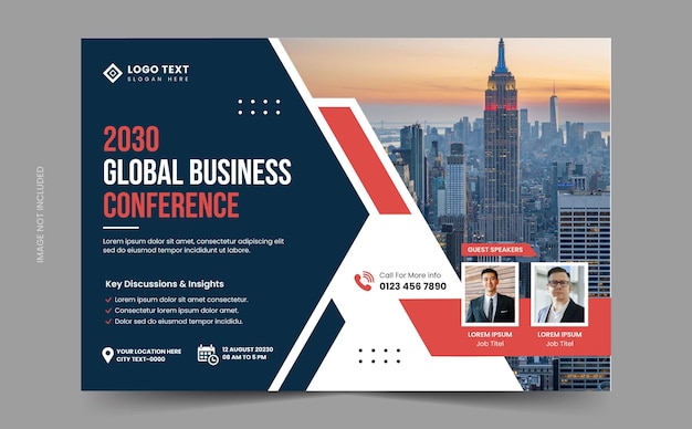 Vetor modelo de folheto de conferência de negócios horizontal corporativa ou banner de conferência de webinar