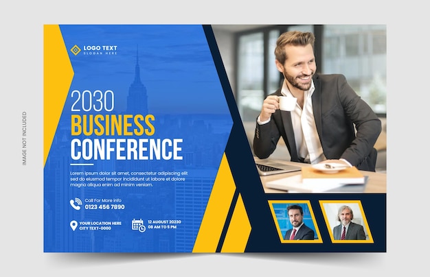 Modelo de folheto de conferência de negócios horizontal corporativa ou design de banner de conferência de webinar de negócios