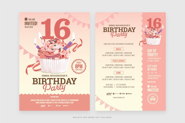 Modelo de Folheto de Convite de Aniversário de Meninas Cupcake Rosa em Vetor