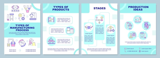 Modelo de folheto de diretrizes de negócios de fabricação produção de mercadorias design de folheto com ícones lineares 4 layouts vetoriais para apresentação de relatórios anuais fontes arialblack myriad proregular usadas