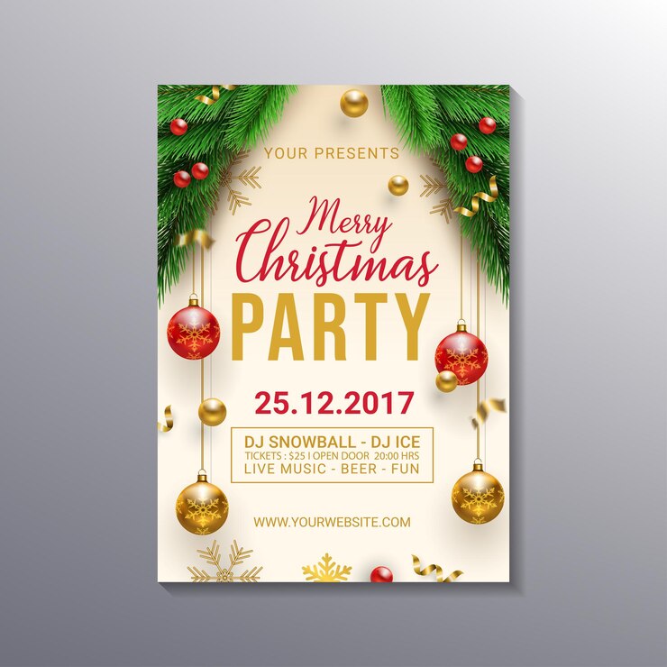 Vetor modelo de folheto de festa de natal decorativa realista