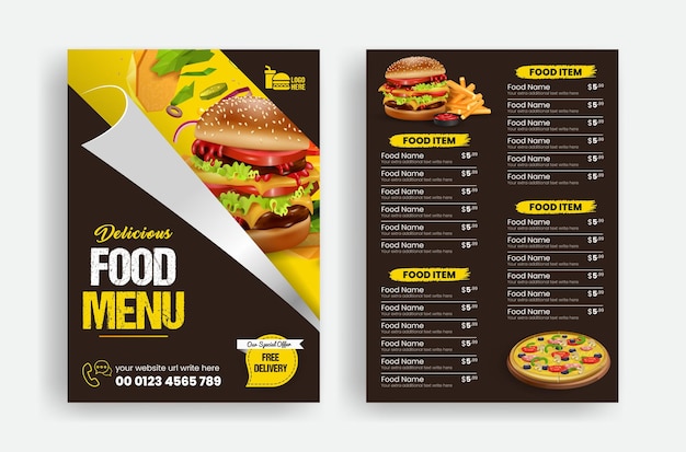 Vetor modelo de folheto de menu de alimentos e cartaz de restaurante de duas faces