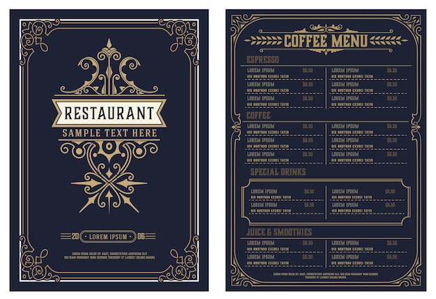 Modelo de folheto de vetor de design de menu de restaurante com logotipo vintage