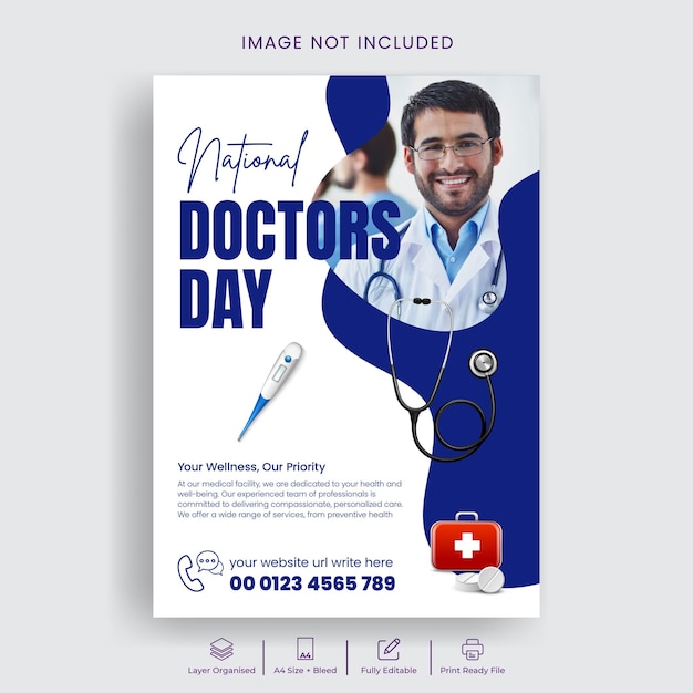 Modelo de folheto ou cartaz impresso do Dia Nacional dos Médicos com ilustração de desenho animado de médico