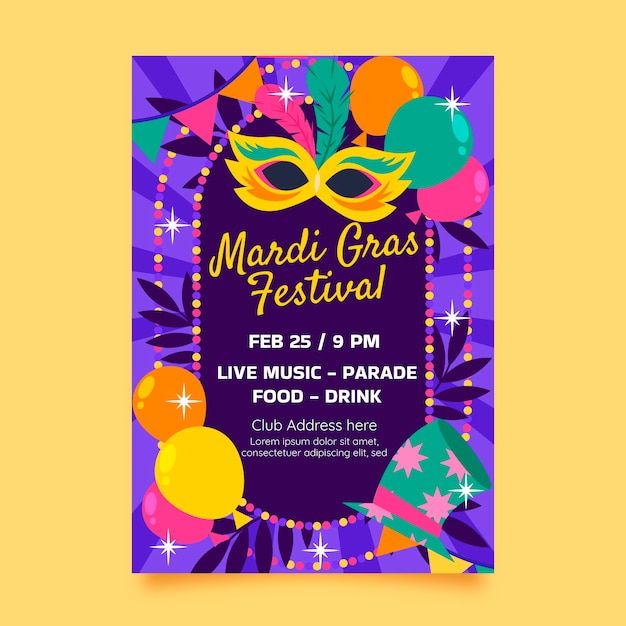 Modelo de folheto vertical plano de mardi gras