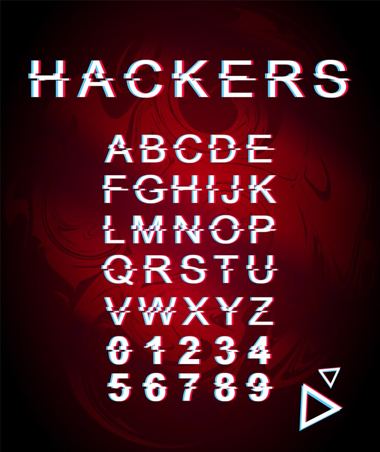 Vetor modelo de fonte de falha de hackers. alfabeto retrô estilo futurista em fundo holográfico vermelho. letras maiúsculas, números e símbolos. design de fonte criminosa cibernética com efeito de distorção