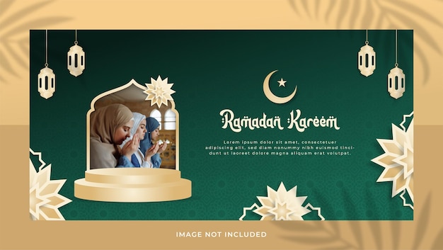 Vetor modelo de fundo de saudação ramadan kareem com objetos de pódio e decoração