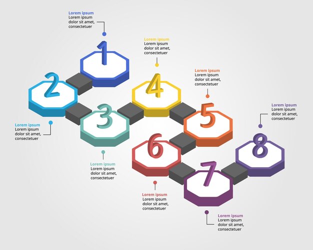 Modelo de gráfico de etapas octogonal para infografia para apresentação para linha de tempo de 8 elementos