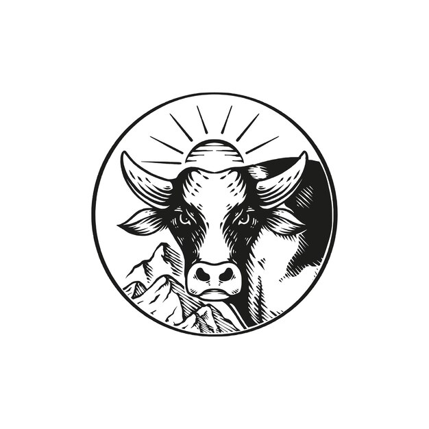 Vetor modelo de gravura de logotipo de vaca ilustração desenhada à mão