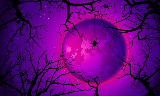 Vetor modelo de halloween, vista inferior de banner de árvores assustadoras com teias de aranha, aranhas e enorme lua roxa,