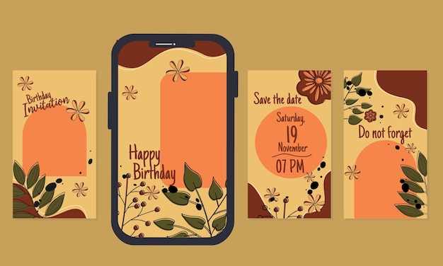 Modelo de história de mídia social para convite de aniversário. design de cor marrom com elemento de folha e flor