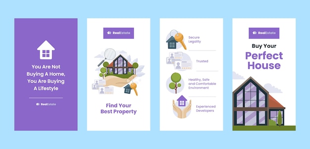 Vetor modelo de histórias de instagram de imóveis em design plano