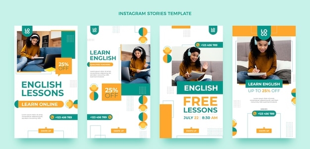 Modelo de histórias do instagram de aulas de inglês de design plano