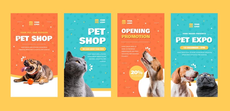 Vetor modelo de histórias do instagram de loja de animais de design plano