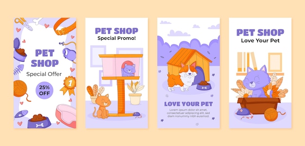 Vetor modelo de histórias do instagram de loja de animais desenhada à mão