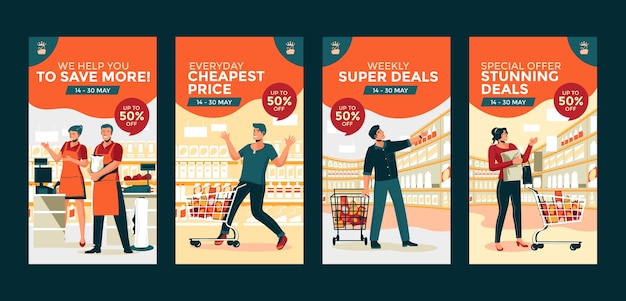 Modelo de histórias do instagram de supermercado de design plano