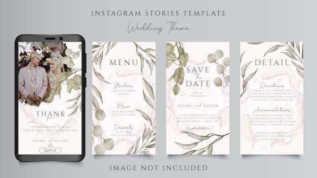 Modelo de histórias do instagram para o tema do convite de casamento do vintage com fundo de grinalda floral