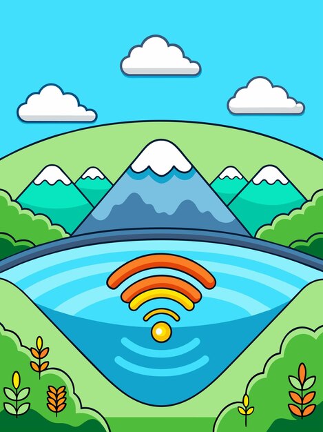 Vetor modelo de hotspot wifi com fundo de paisagem aquática com águas serenas em meio a uma paisagem pitoresca