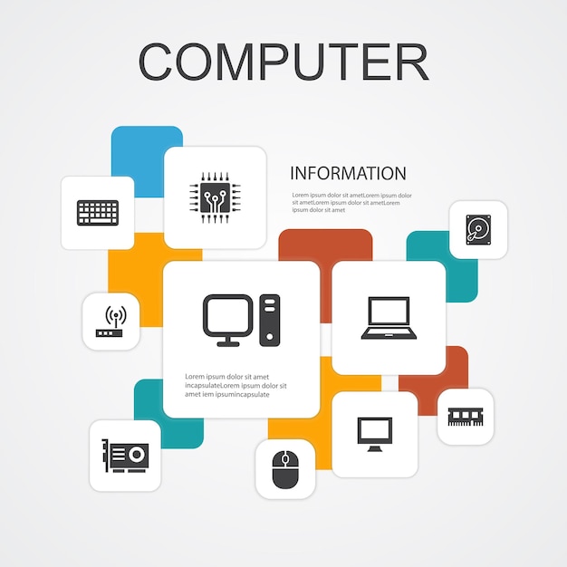 Modelo de ícones de linha de infográfico de computador 10. ícones simples de cpu, laptop, teclado, disco rígido