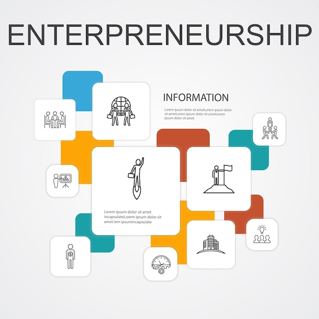 Modelo de ícones de linha de infográfico de empreendedorismo 10. ícones simples de investidor, parceria, liderança, construção de equipes