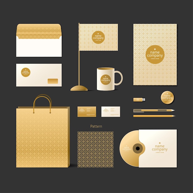 Modelo de identidade corporativa. elementos de design e logotipo. estilo dourado sobre fundo escuro.