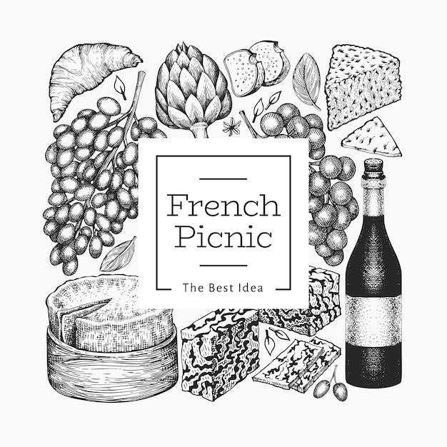 Modelo de ilustração de comida francesa. ilustrações de refeição de piquenique de mão desenhada. vinho e lanche diferente estilo gravado.