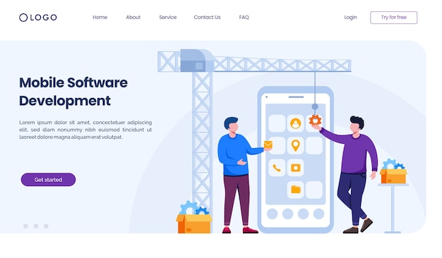 Modelo de ilustração de site de página de destino de desenvolvimento de software móvel
